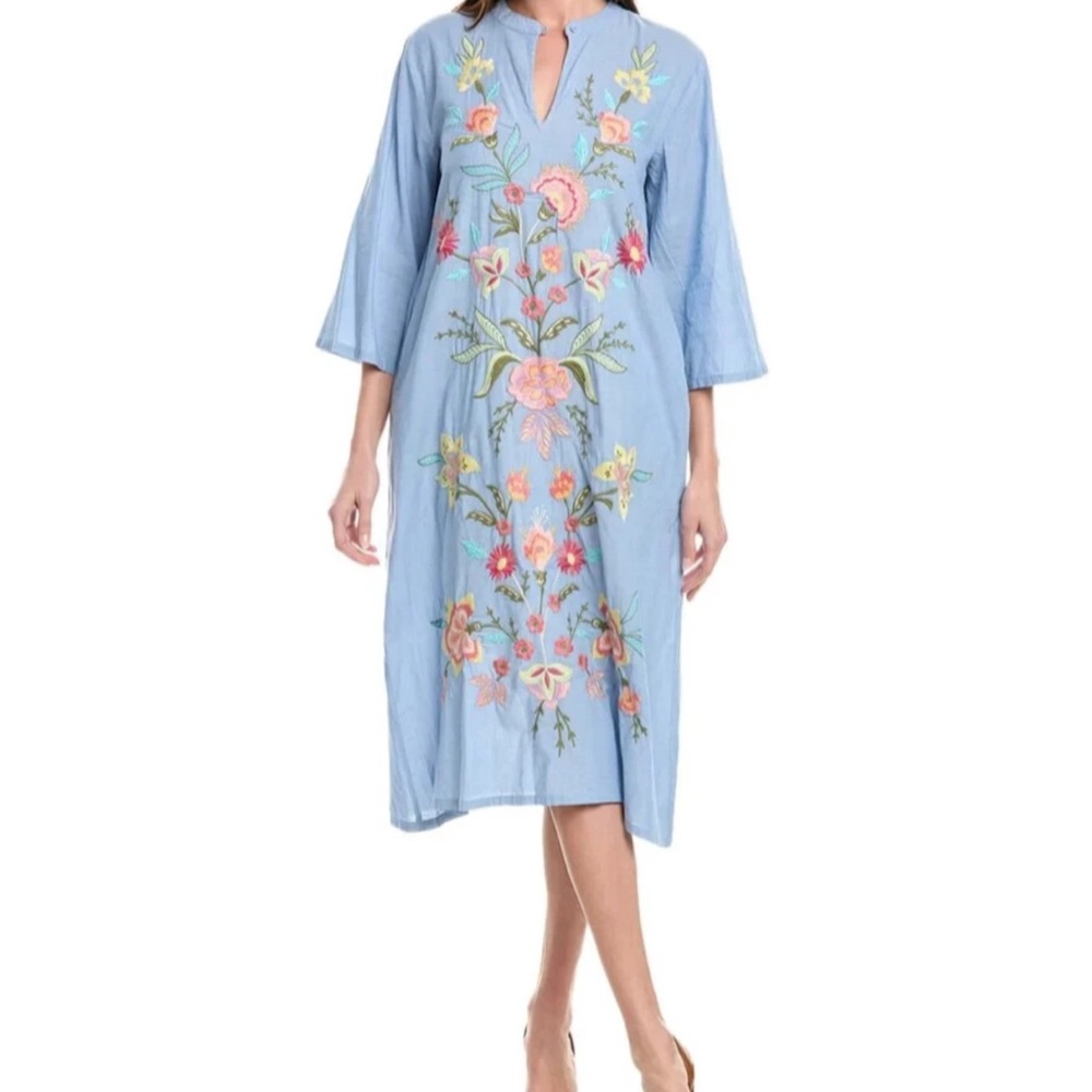 Johnny Was Camellia Midi Dress Cotton Blue Embroidered Size Small